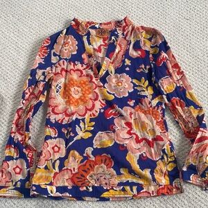 Tory Burch Bold Floral V-Neck Blouse in Blue, Pink & Yellow with sequins, size 4
